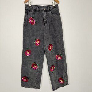 Dazy Women's Wide Leg Pants Size L Gray Cotton Blend Sequins Flowers Casual Chic